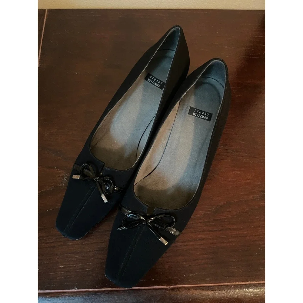 Stuart Weitzman Pump Women 8.5 Black Kitten Bow Square Toe Professional Evening